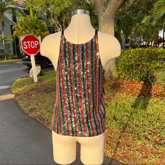 Sanctuary Black Cyber Sequins Tank Top Size S 4 6 Stretch Blouse Party Cute - Picture 5 of 16